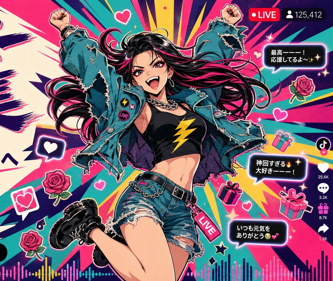 TikTok LIVEで配信するライバーのイラスト